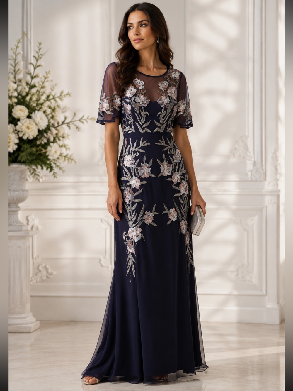 Aidan Mattox floral beaded short sleeves long gown